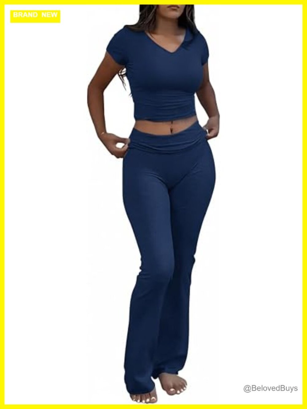 Ins Curve V Neck Flare Pants Two Piece Lounge Set